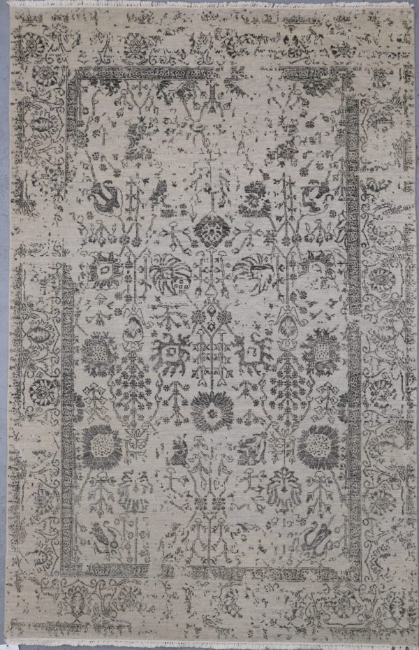 Hand Knotted Grey, Charcoal Floral NZ Wool & Bamboo Silk Rug Weg Dye Indian(245×158)