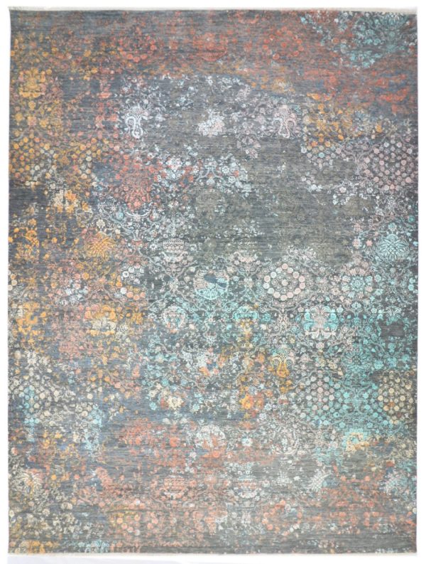 Wool and Silk Floral Field Rug,Hand Knotted Indian Wool & Bamboo Silk (372 x 275)cm