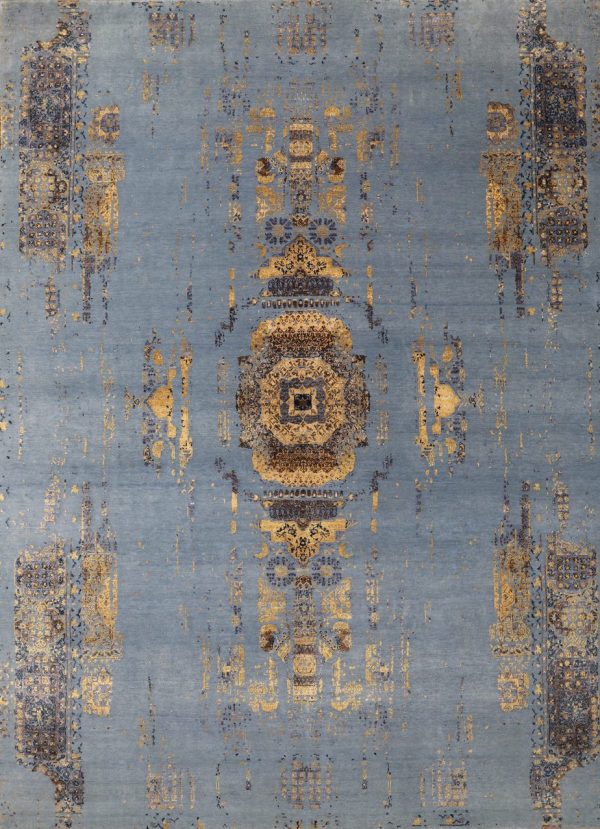 Transitional Hand Knotted Rug Wool & silk Germen Dye Pagoda Design India(343×253)cm