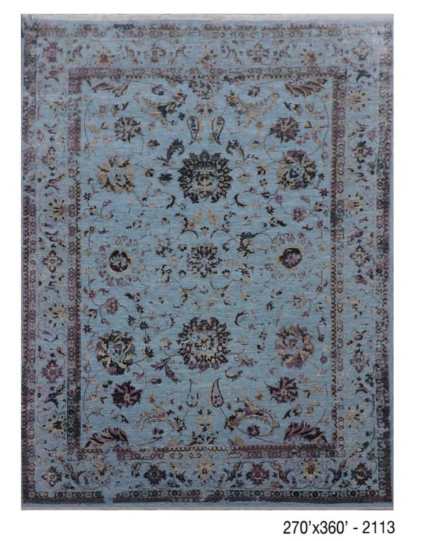 Wool and Silk Blue Oriental Floral Rug India (274×360)cm