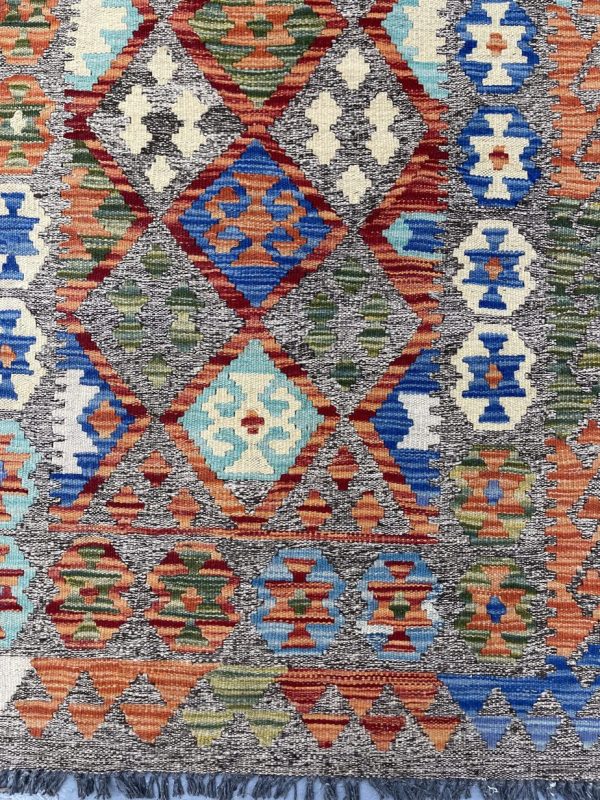 killim Hall Runner, Abrash, Trellis wool Afghan (396×77)cm