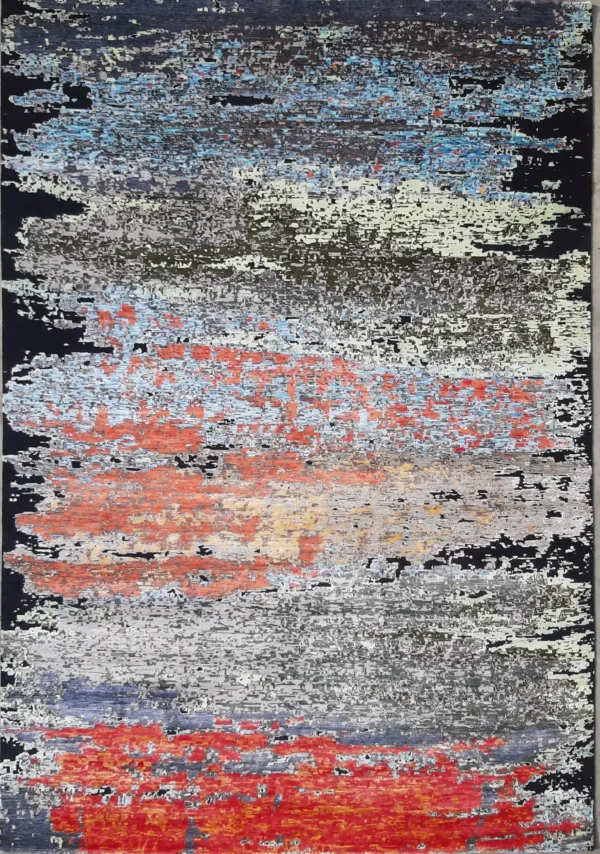 Abstract Hand Knotted Rug Firey Coals NZ Wool & bamboo Silk Weg Dye India (368×266)cm