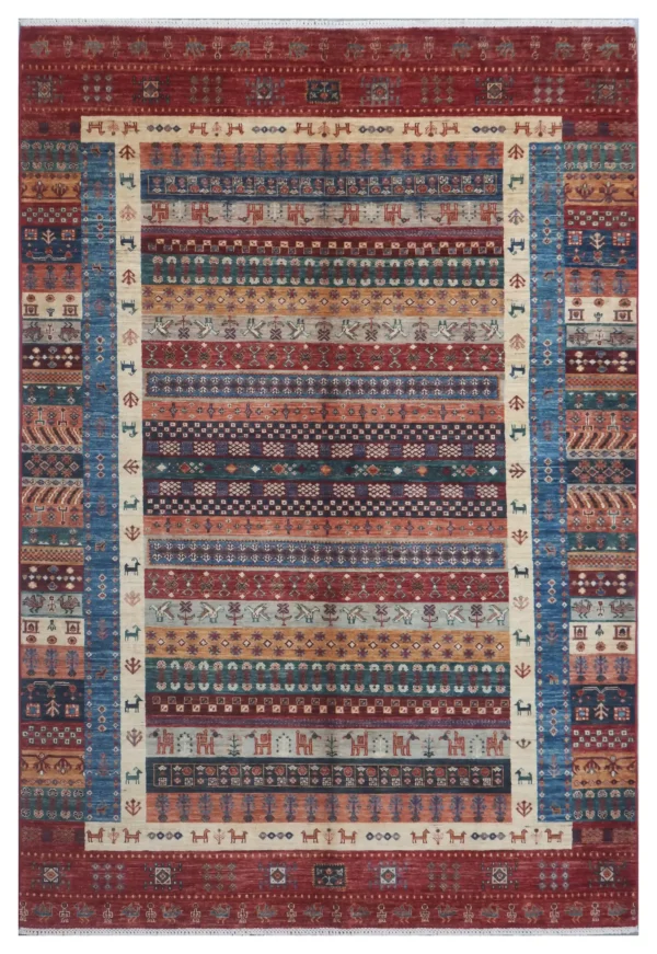 Multi Colour Pictorial Gabbeh Designer Rug Double Hand Knotted Fine NZ Wool Weg Dye Afghan(296 x 202)