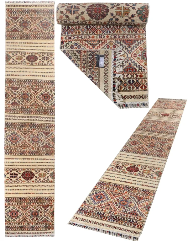 Cream Khorjin Runner Hand Knotted, NZ Handspan Wool, Weg Dye, Afghan (413 x 73)cm